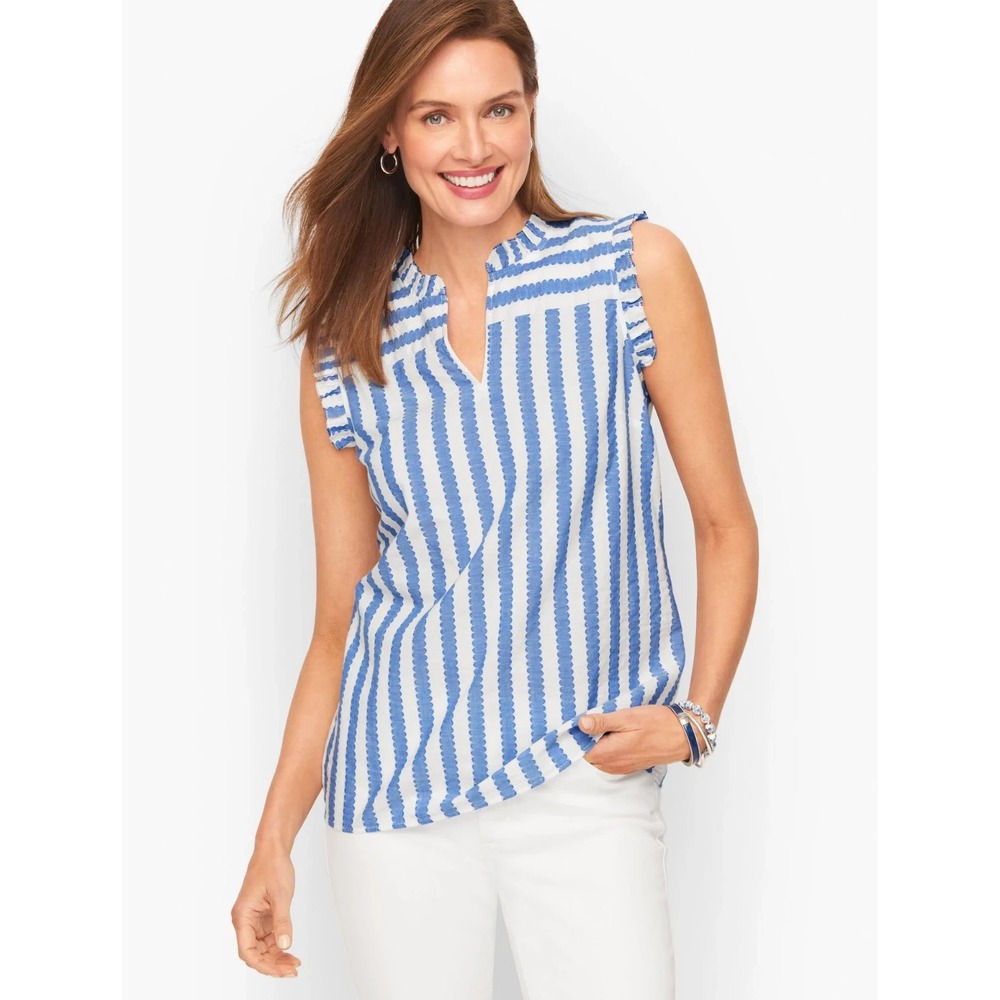 Talbots Womens XLP Wavy Stripe Sleeveless Top Cotton Ruffle Neck Trim Blue